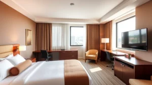 Modern hotel room interior with comfortable bed, work desk, flat-screen TV, and clean contemporary furnishings in warm tones, well-lit natural light from window showing outdoor scenery