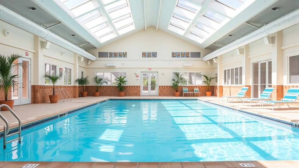 Inviting indoor swimming pool area with clear blue water, lounge chairs, potted plants, and bright skylights creating welcoming family-friendly aquatic recreation space