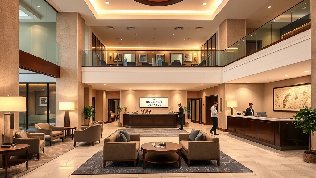Spacious hotel lobby entrance with comfortable seating areas, front desk service counter, warm lighting, and professional hospitality atmosphere with guests checking in