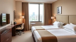 Modern hotel room interior with double bed, neutral beige tones, desk area, city window views, contemporary European mid-range accommodation style