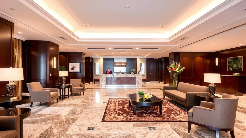 Hotel lobby and reception area with marble flooring, comfortable seating, warm lighting, professional front desk setup, welcoming entrance atmosphere