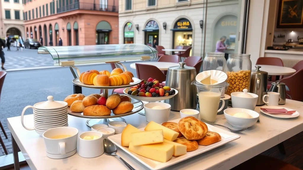 Breakfast buffet setup with pastries, fresh fruit, yogurt, cheeses, beverages, and seating area overlooking Rome street scene during morning service