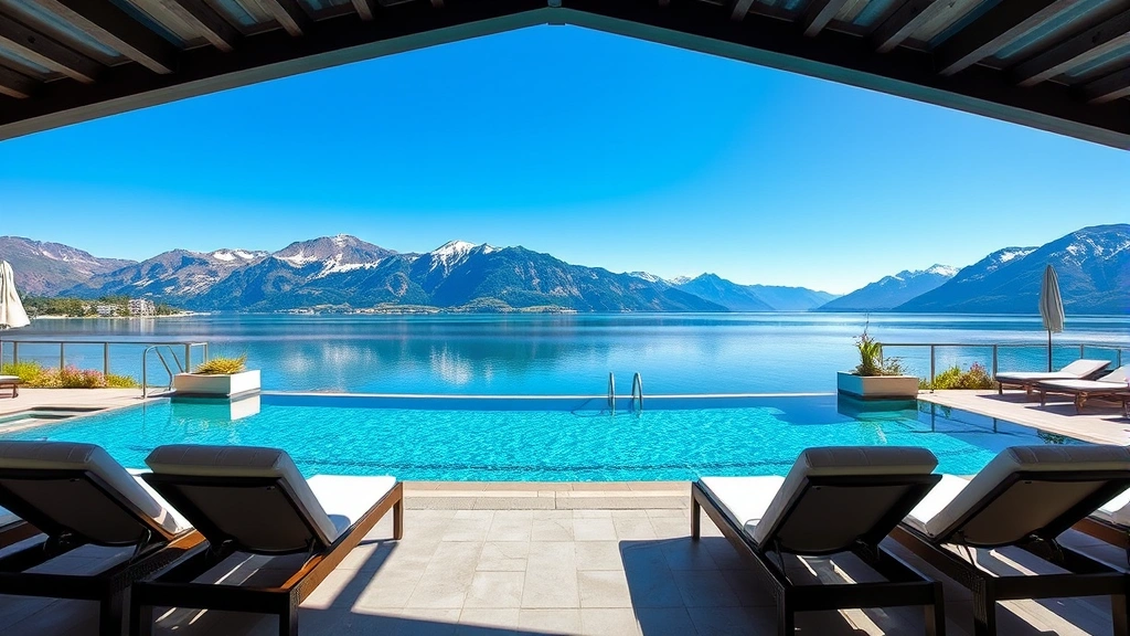 Elegant hotel pool area overlooking Alpine lake, lounge chairs with white cushions, crystalline water view, mountains in distance, luxury resort setting