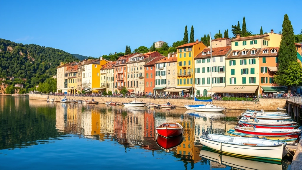 Charming Italian lakeside village with pastel buildings reflected in clear water, boats moored at dock, cypress trees, authentic Mediterranean coastal atmosphere