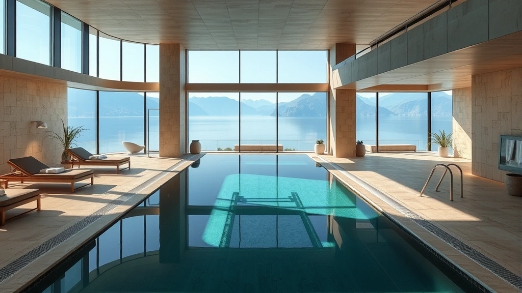 Modern luxury hotel spa and wellness facility with indoor-outdoor pool overlooking Lake Garda, lounging areas, natural stone finishes, peaceful ambiance