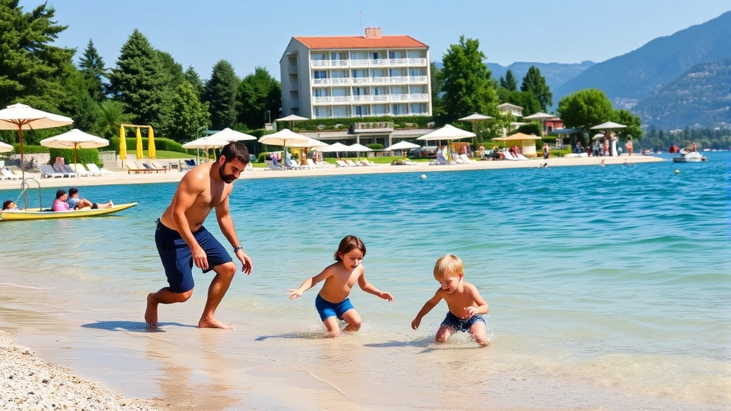 Family enjoying beachfront hotel amenities at Lake Garda with children playing in shallow water, beach umbrellas, hotel building visible, sunny afternoon
