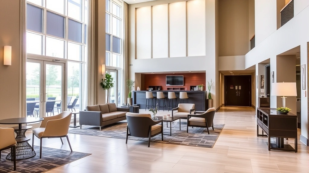 Modern hotel lobby with comfortable seating, neutral tones, welcoming atmosphere, natural lighting from large windows, contemporary furniture and decor, no visible signage or text
