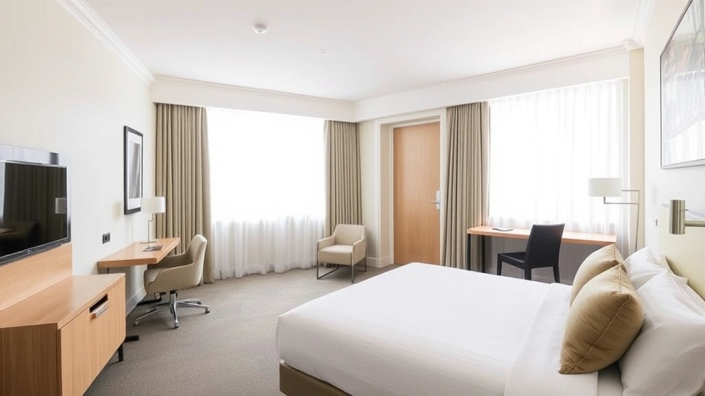 Bright, spacious hotel bedroom with comfortable bed, modern furnishings, clean contemporary design, well-lit by natural light, functional workspace area visible, no room numbers or identifying text visible