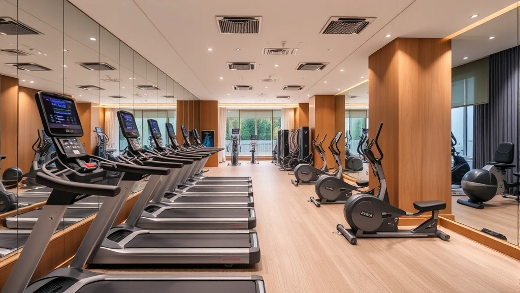 Hotel fitness center with exercise equipment, mirrors, bright lighting, modern gym machines, clean floor, welcoming atmosphere, no instructional signs or text readable in image