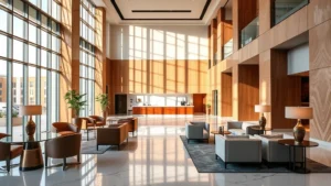 Modern hotel lobby with contemporary furniture, marble flooring, and natural light streaming through large windows, showing check-in desk area without visible signage or text, upscale ambiance with comfortable seating areas