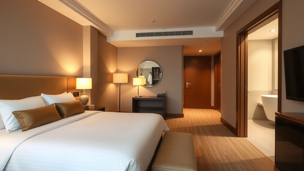 Luxurious hotel room interior featuring king bed with premium linens, elegant bedside lighting, work desk area, and modern bathroom visible through open doorway, neutral color palette with warm accents, no visible room numbers or identifying markers