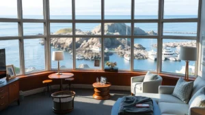 Photorealistic coastal hotel room with large windows overlooking rocky New England coastline and harbor, modern furnishings, nautical décor elements, natural lighting, no text or signage visible
