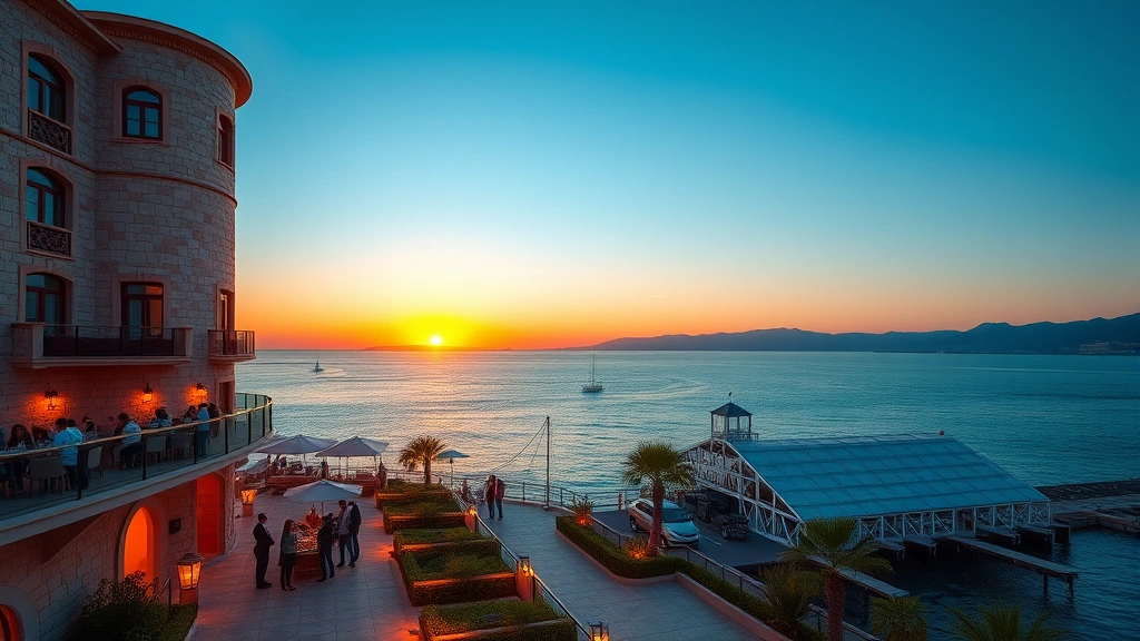 Photorealistic waterfront hotel exterior at sunset with stone architecture, ocean views, manicured landscaping, guests on outdoor terrace, golden hour lighting, no visible signage or building numbers