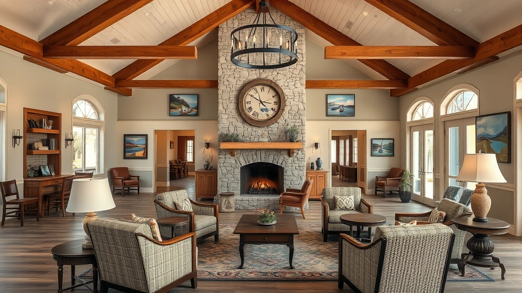 Photorealistic hotel lobby interior with coastal design, comfortable seating areas, fireplace, wooden beams, local artwork on walls, welcoming atmosphere, no text or visible identifying information