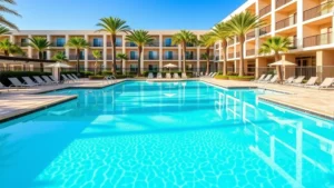 Modern hotel pool area with lounge chairs and palm trees surrounding a bright turquoise swimming pool at a central Florida resort during daytime with clear blue sky