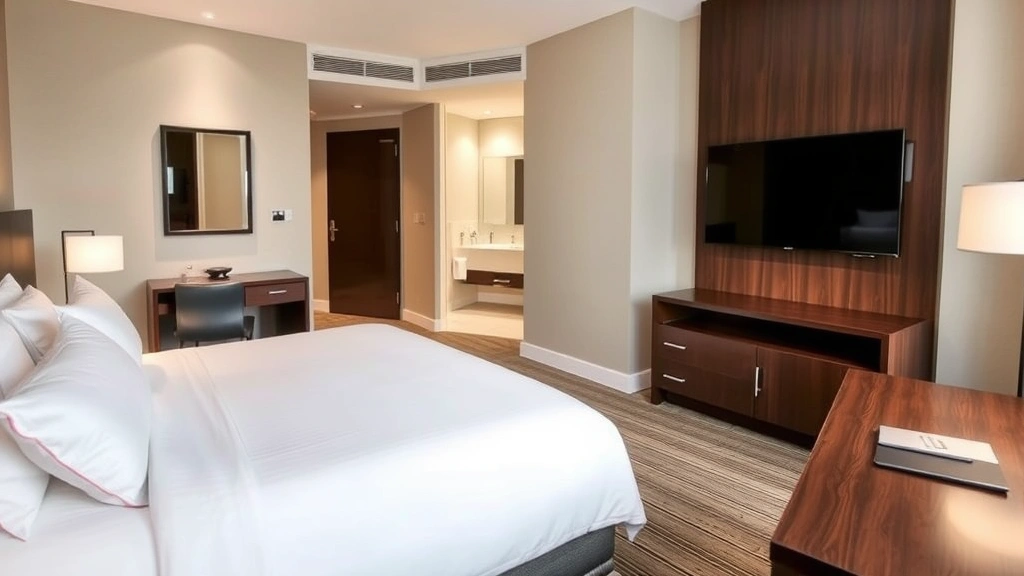 Contemporary hotel guest room interior featuring king bed with white linens, flat-screen TV on wall, modern bathroom entrance visible, professional business desk setup, neutral color palette