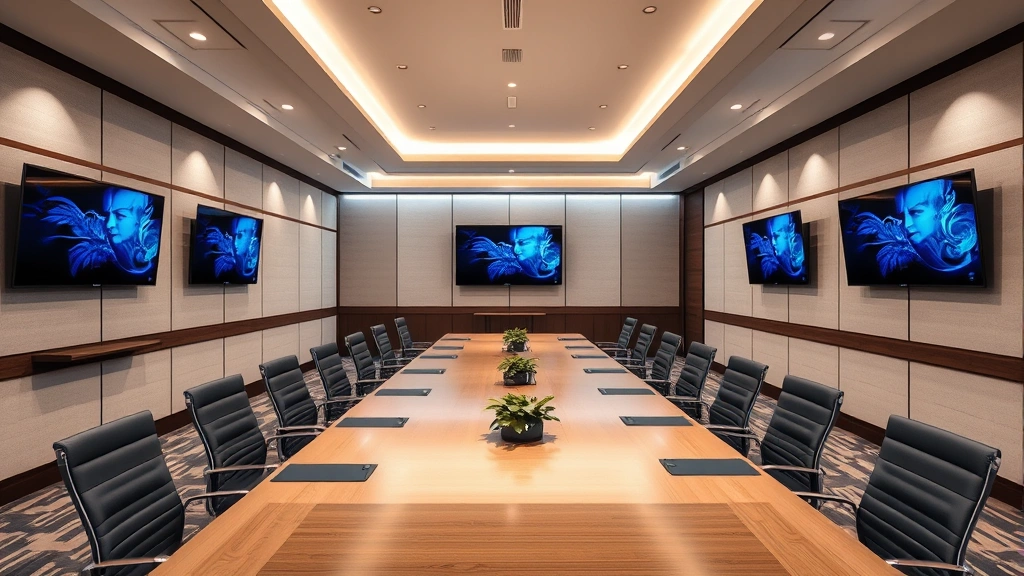 Upscale hotel conference room with long boardroom table, ergonomic chairs, modern audiovisual equipment on walls, professional lighting, ready for business meetings or events