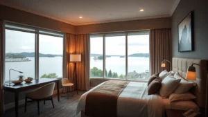 Cozy hotel bedroom with lake view windows, modern furnishings, soft lighting, and comfortable bedding overlooking water landscape