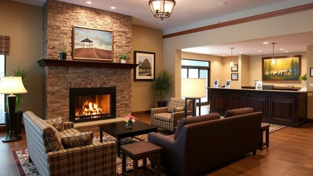 Welcoming hotel lobby with fireplace, comfortable seating, local artwork, warm lighting, and inviting reception area atmosphere