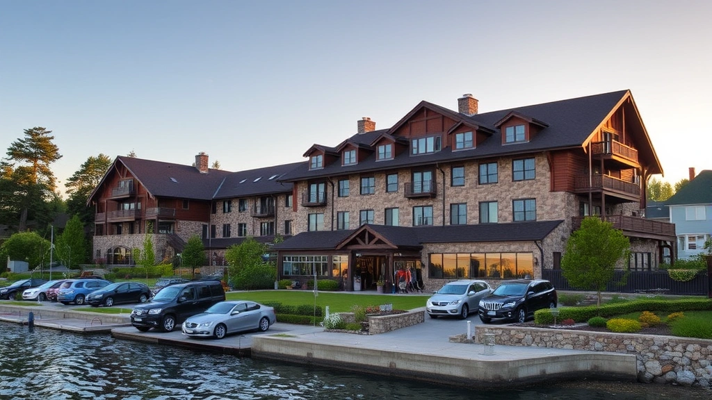 Waterfront hotel exterior during golden hour, stone and wood architecture, landscaped grounds, parked cars, peaceful residential setting