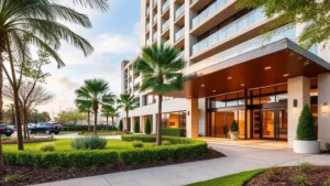Modern luxury hotel exterior with manicured grounds, professional landscaping, and contemporary architecture reflecting premium hospitality property standards and maintenance excellence