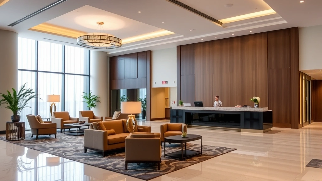 Professional hotel lobby with elegant furnishings, registration desk, and sophisticated interior design showcasing high-end commercial property operations and guest experience elements