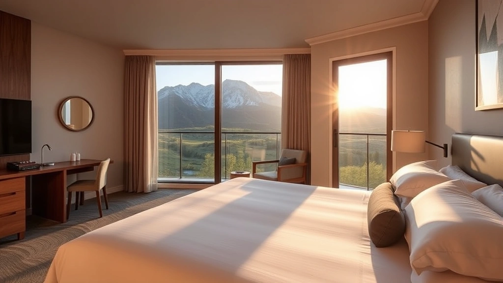Modern hotel room with queen bed, mountain view from private balcony, contemporary furnishings, and clean bathroom visible in background, photographed during golden hour