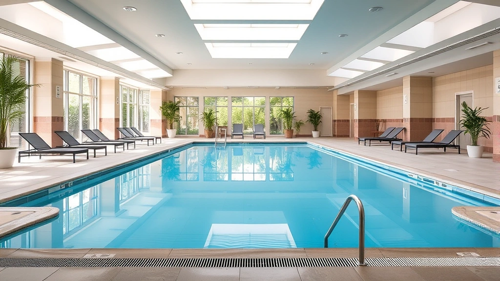 Indoor swimming pool area with warm water, comfortable lounge chairs around perimeter, modern tile work, indoor plants, and skylights providing natural illumination