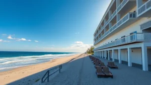 Beachfront hotel exterior with oceanview from sandy beach, Atlantic waves, blue sky, summer sunlight illuminating white building with deck balconies overlooking ocean