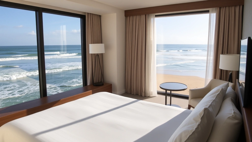 Modern hotel room interior with oceanview window displaying waves and beach, comfortable bed with white linens, contemporary furnishings, natural coastal light