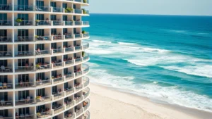 Modern beachfront hotel building exterior with ocean waves in background, daytime, sunny weather, guests on balconies overlooking Atlantic Ocean, pristine sandy beach visible