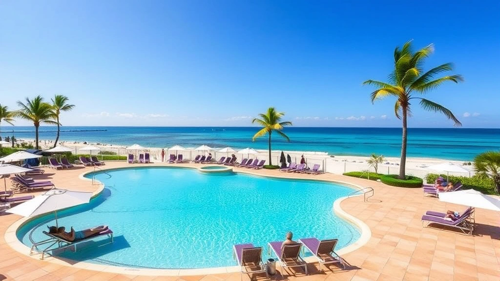 Beachfront resort pool area with lounging chairs, umbrellas, ocean view in background, guests relaxing, clear blue water, sandy beach adjacent to pool deck, palm trees