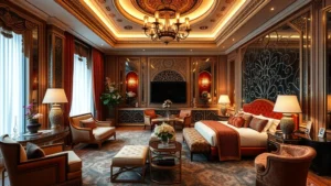Luxurious hotel suite interior with ornate Middle Eastern-inspired décor, marble accents, plush furnishings, ambient lighting, and elegant architectural details in a high-end boutique hotel setting