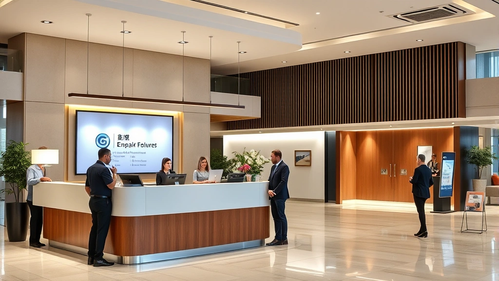 Modern hotel lobby with professional front desk staff assisting guests, contemporary reception area, clear signage, well-lit space, and professional hospitality environment with contemporary design