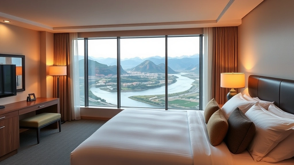 Spacious hotel room interior with comfortable bed, large windows overlooking river valley and distant mountains, warm lighting, modern furnishings, welcoming atmosphere