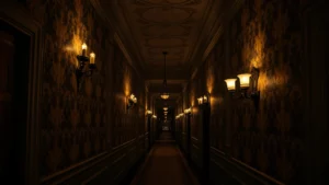 A historic Victorian-era hotel hallway at dusk with ornate wallpaper, vintage sconces casting shadows, empty corridor stretching into darkness with no people visible, moody atmospheric lighting, elegant period architecture