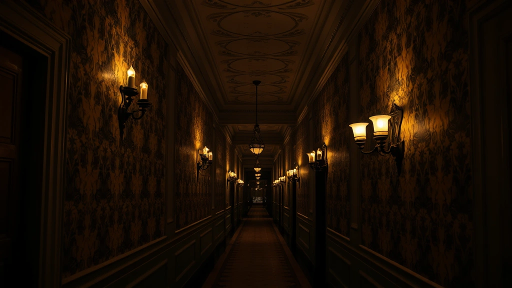 A historic Victorian-era hotel hallway at dusk with ornate wallpaper, vintage sconces casting shadows, empty corridor stretching into darkness with no people visible, moody atmospheric lighting, elegant period architecture