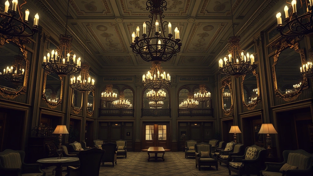 Dramatic interior of an old grand hotel lobby featuring antique chandeliers, vintage furniture, period mirrors reflecting empty spaces, dust particles visible in theatrical lighting, historical elegance with eerie atmosphere