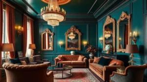Luxurious art deco apartment interior with rich jewel-tone walls, ornate mirrors, dramatic vintage lighting fixtures, and plush furniture arranged in an elegant living room setting