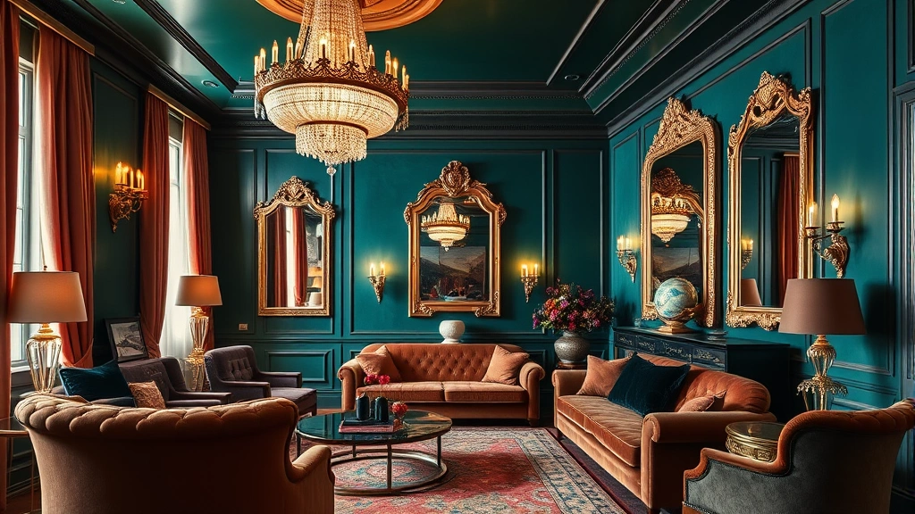 Luxurious art deco apartment interior with rich jewel-tone walls, ornate mirrors, dramatic vintage lighting fixtures, and plush furniture arranged in an elegant living room setting