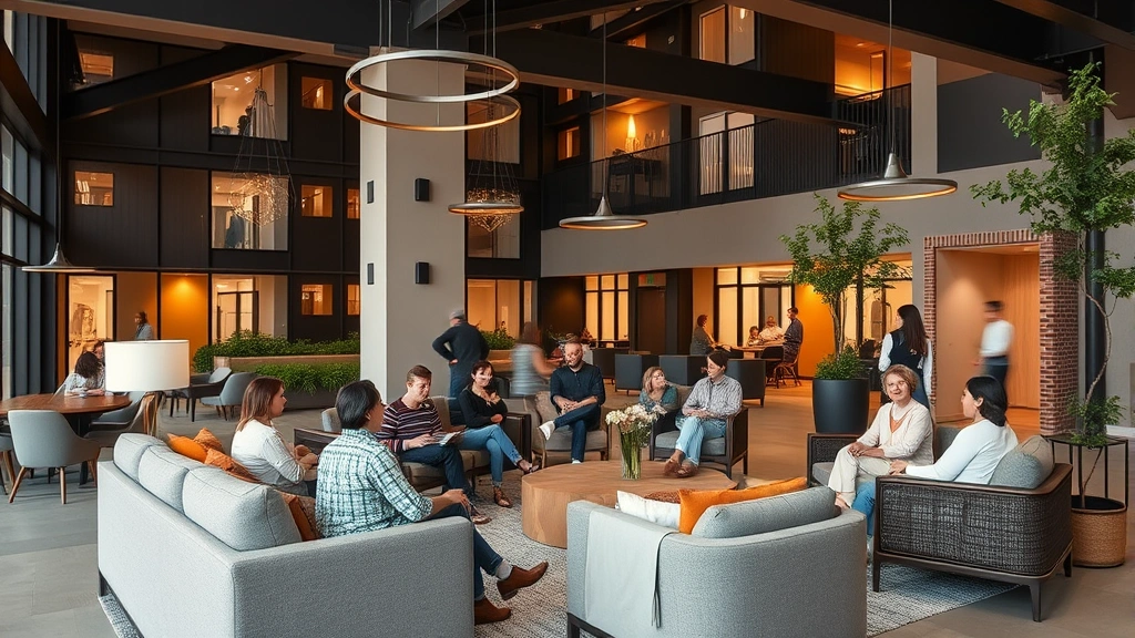 Modern residential community common area with comfortable seating, warm ambient lighting, mixed-generation residents gathering naturally, emphasizing connection and shared space design