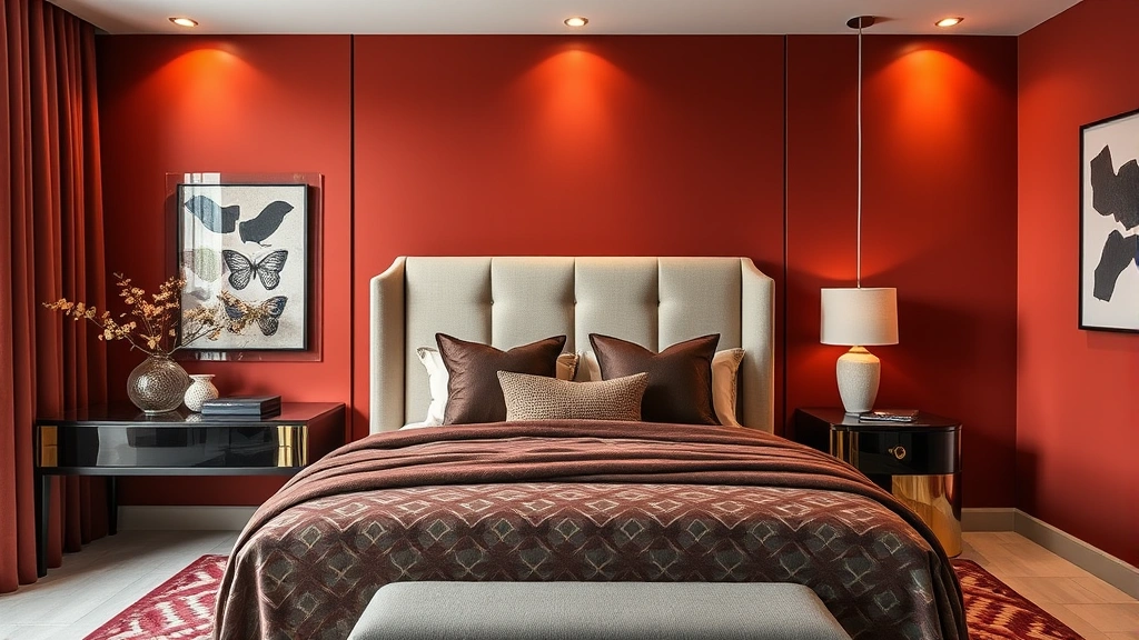 Contemporary bedroom featuring bold saturated color palette with geometric patterns, statement headboard, quality lighting design, personal decorative elements, and balanced luxury with comfort