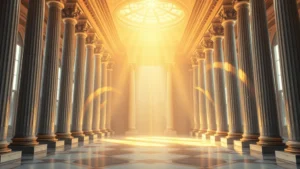 A serene celestial chamber with soft golden light filtering through architectural columns, representing heaven's administrative spaces and divine bureaucracy