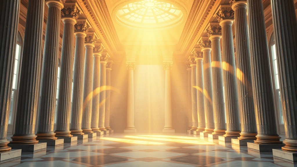 A serene celestial chamber with soft golden light filtering through architectural columns, representing heaven's administrative spaces and divine bureaucracy