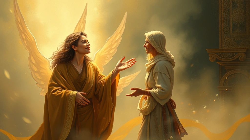 Two figures in conversation within ethereal surroundings, one radiating warmth and openness while the other appears more reserved, depicting meaningful dialogue and perspective exchange