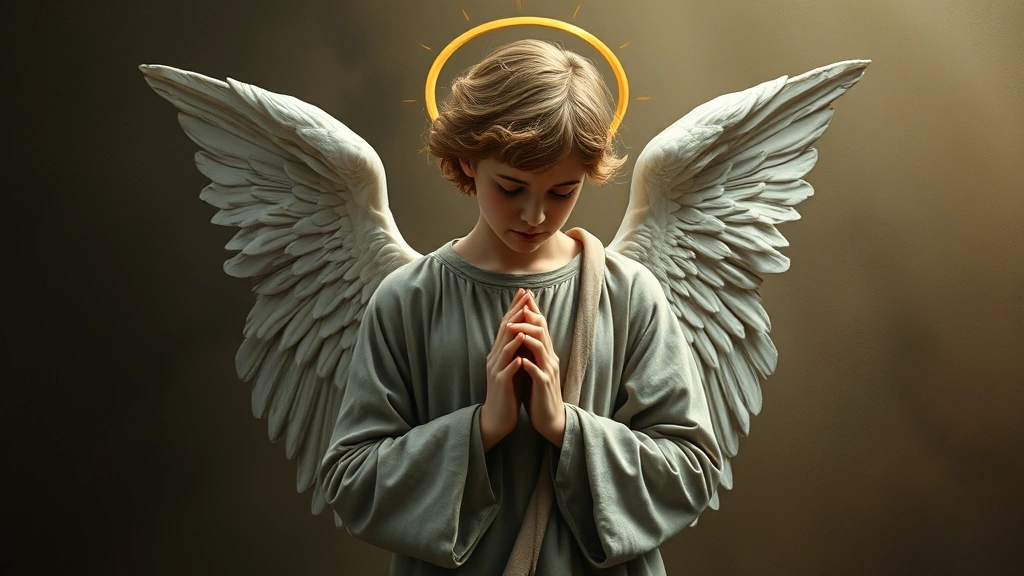 A solitary angelic figure looking downward with contemplative expression, hands clasped thoughtfully, representing internal moral conflict and institutional doubt