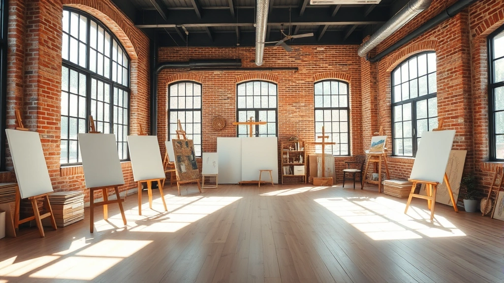 Bright artist studio loft with large windows, exposed brick walls, wooden floors, easels with paintings, natural daylight streaming in, minimalist workspace setup