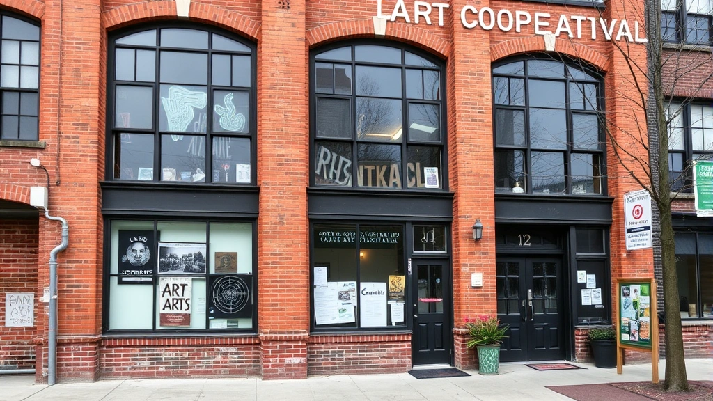 Artist cooperative building exterior, converted warehouse, industrial architecture with large windows, brick facade, urban arts district setting, community bulletin board visible