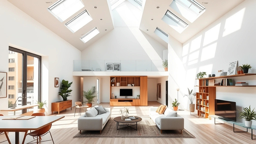 Modern studio apartment interior with open floor plan, high ceilings, natural light, multipurpose living and creative space, clean minimalist design, skylights overhead