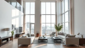 Modern apartment building interior with contemporary furniture, bright natural lighting through large windows, neutral color palette, showing living space without any text or identifying information